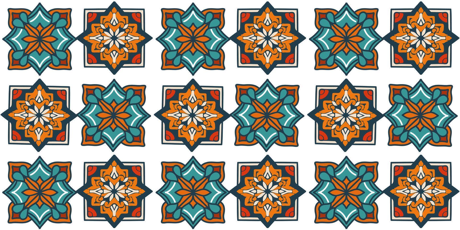 Seamlless pattern of a tile texture design in blue green - orange red tones geometric ornament vector
