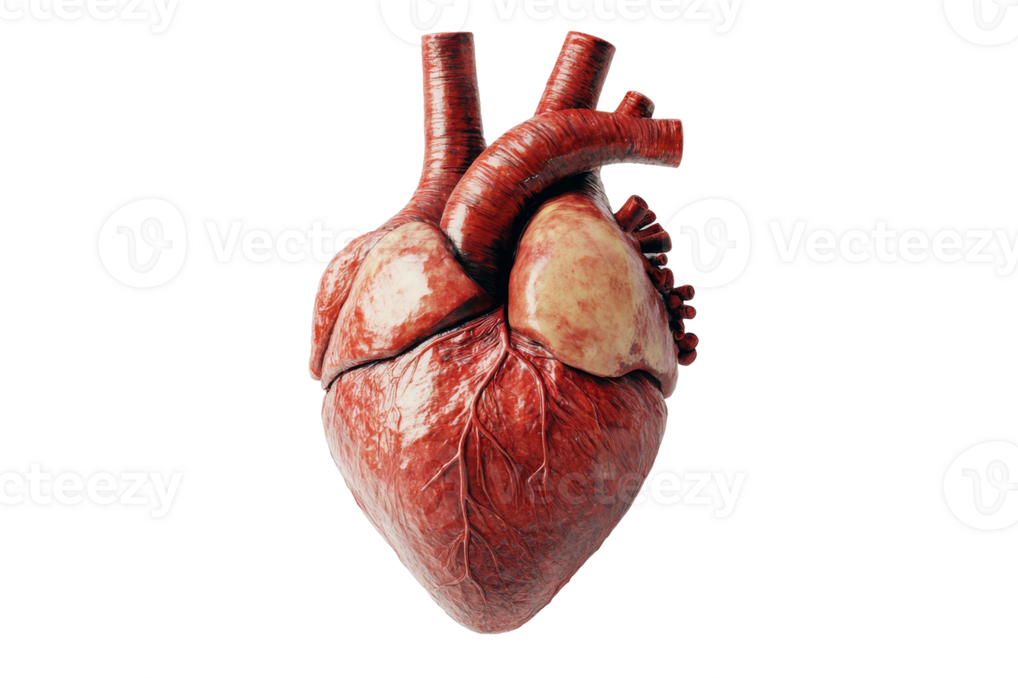 Detailed anatomical model of human heart with complex structure of arteries, veins and muscle tissue. Internal organs for transplantation png