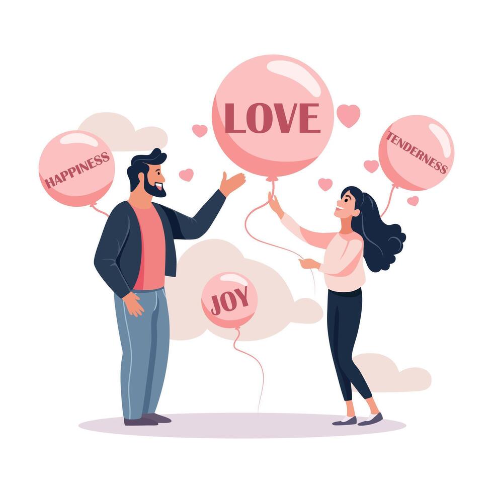 Happy people with balloons with emotions written inside. The girl and the man show that they understand each others emotions. vector