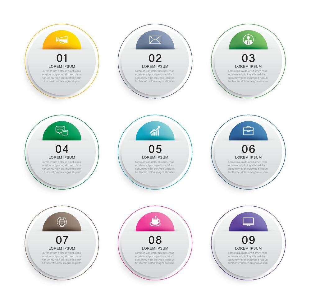 Infographics circle timeline with 9 number data template. Illustration business abstract background. vector