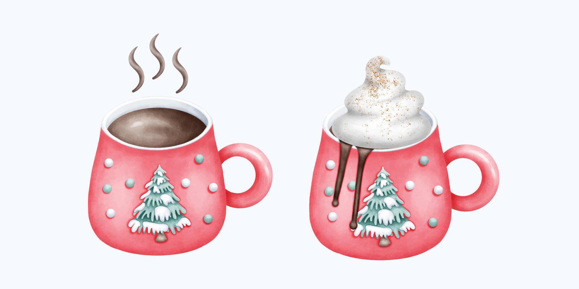 Delicate Hand Drawn Watercolor red Christmas Mug with Whimsical and Warm Design in Soft Tones vector