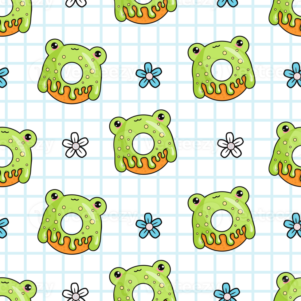 Seamless pattern with cute frog donut cartoon character on checkered background png