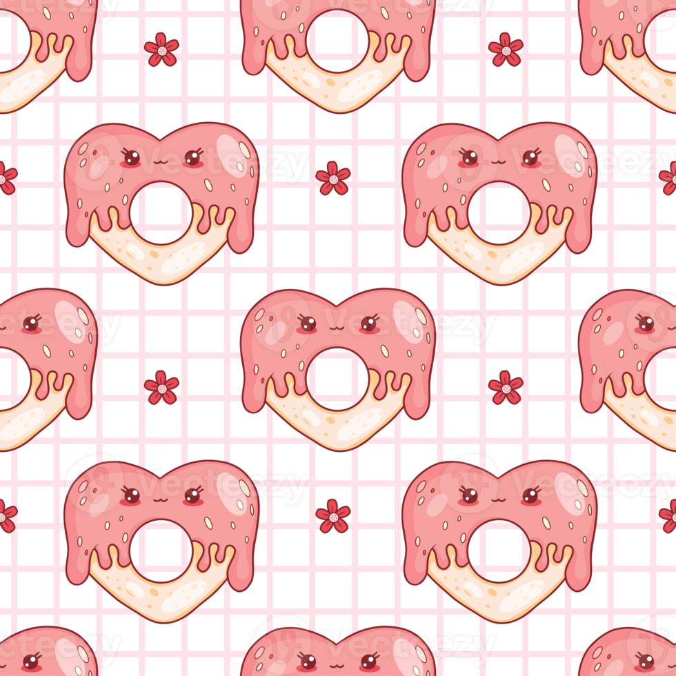 Seamless pattern with cute donut heart cartoon character on checkered background png
