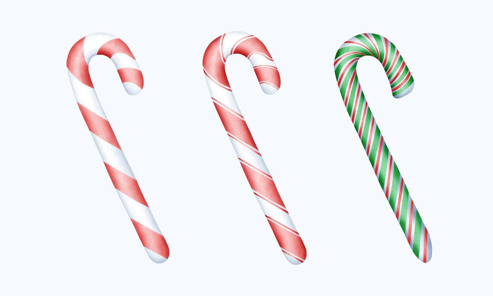 Hand Drawn Watercolor Christmas Candy Cane Illustration with Red and Green Stripes and Festive Bows vector
