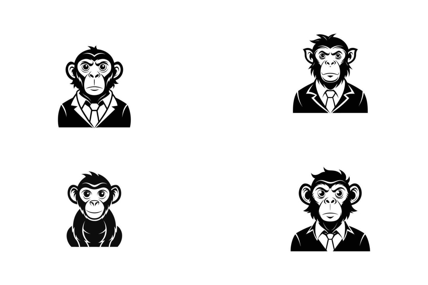 set of intelligent monkey , silhouette, logo, design black and white vector