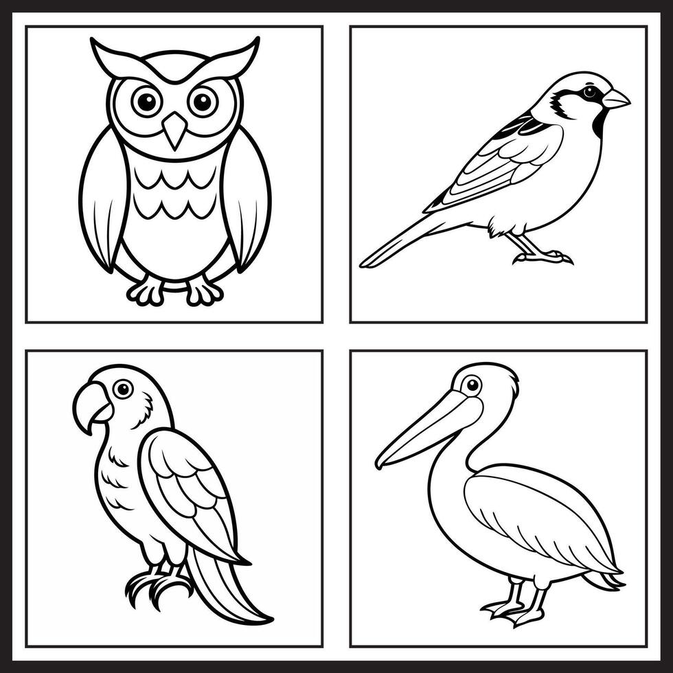 four different birds and a pelican are shown in this coloring page vector