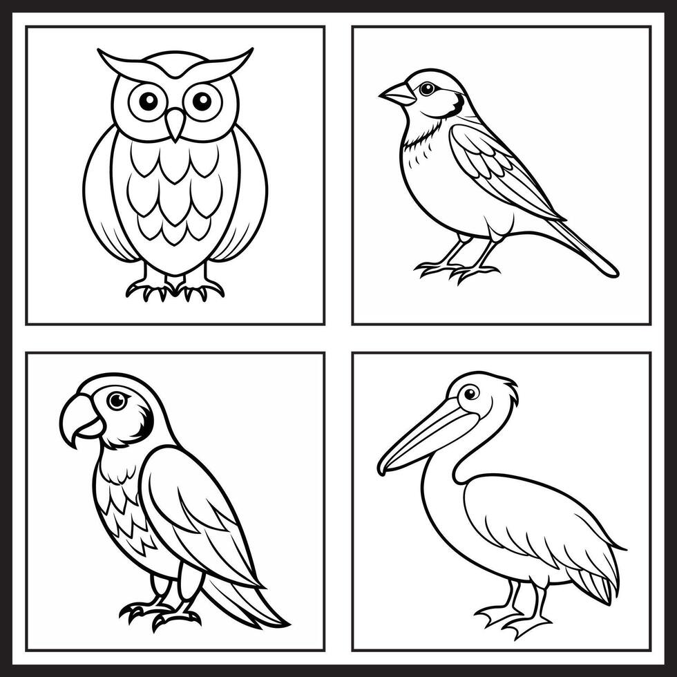 Kids' coloring page showcasing bird designs of owl, sparrow, parrot, and pelican in clean line art. Great for interactive, fun learning. vector