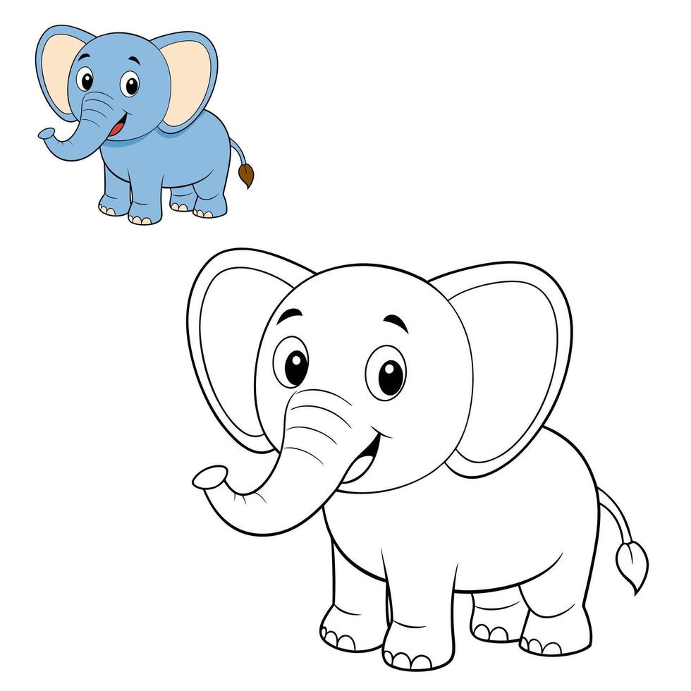 Kids coloring page with a cheerful elephant, featuring clear outlines for easy coloring. Ideal for early learners and animal lovers to explore creativity. vector