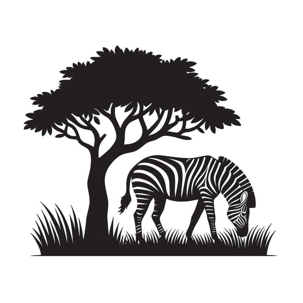 silhouette of zebra eat grass under tree in field of savannah vector