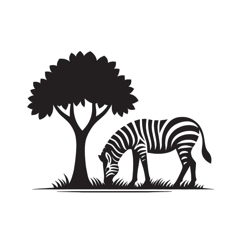 sample silhouette of zebra under tree in field of savannah vector