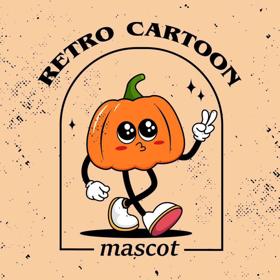Great Halloween cartoon pumpkin Spooky character. Retro cartoon groovy walking smiling pumpkin mascot showing two fingers peace sign. Retro vintage banner. vector