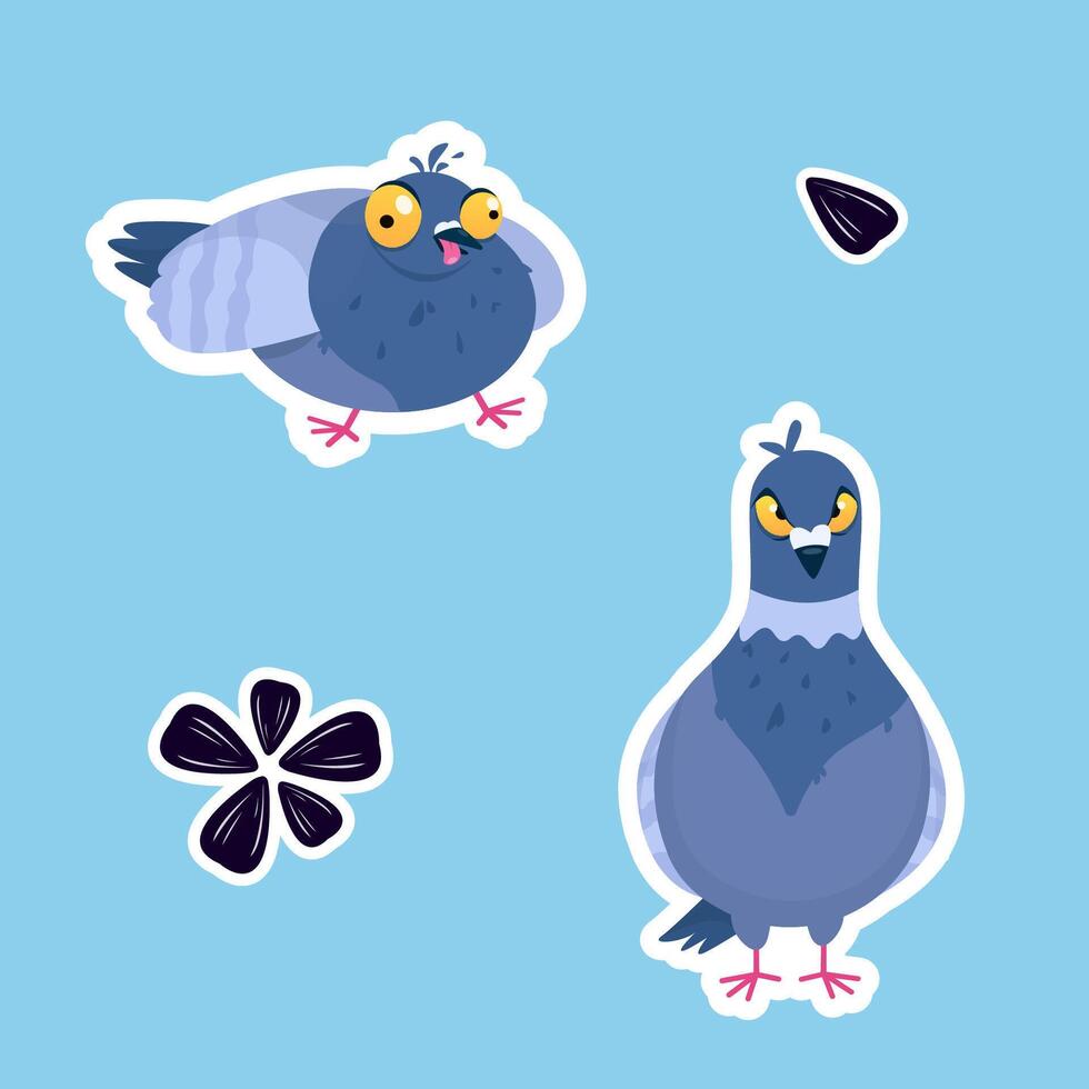 Set of funny cartoon pigeon stickers. Angry pigeon vector