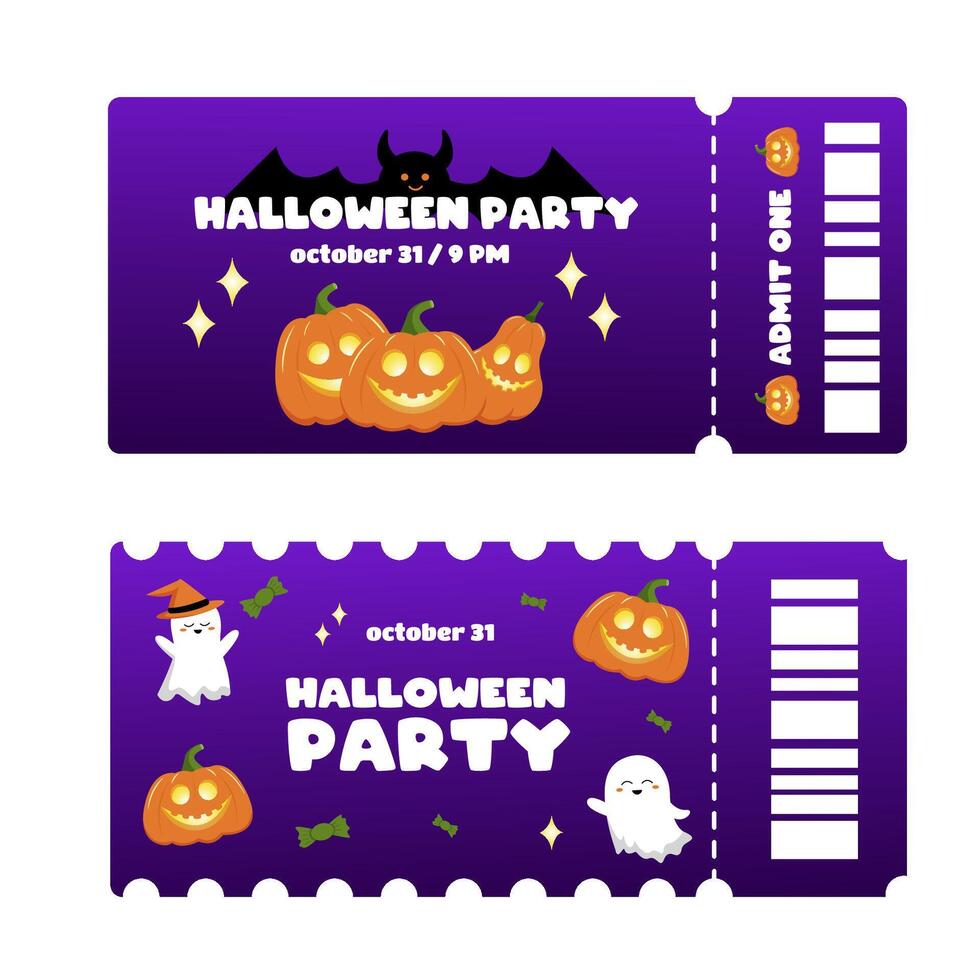 Collection of flat halloween tickets with characterden mascot pumpkin in retro 70s style. Set of halloween party invitation card templates. vector