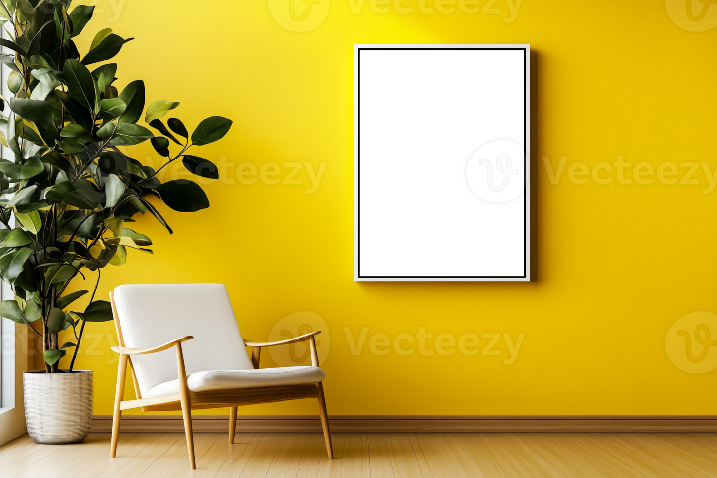 Blank photo frame on yellow wall design element, transparent background png
