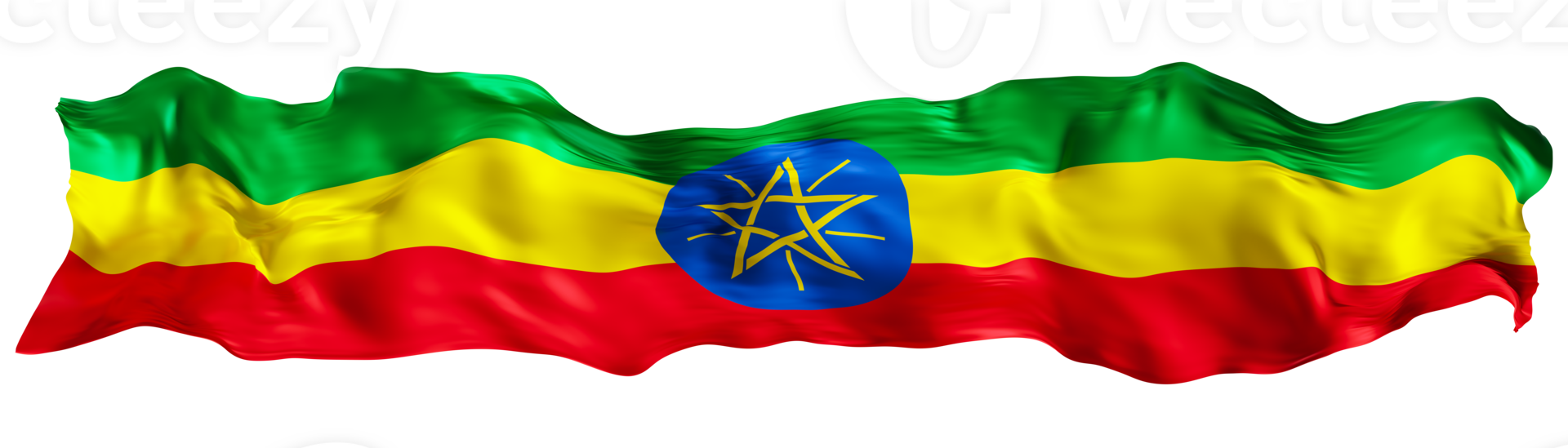Stylized flag of Ethiopia, waving in the wind, on transparent background. Footer, header or divider. Cut out wide, panoramic element. Banner for patriotic themes or national event promotions. 3D. png