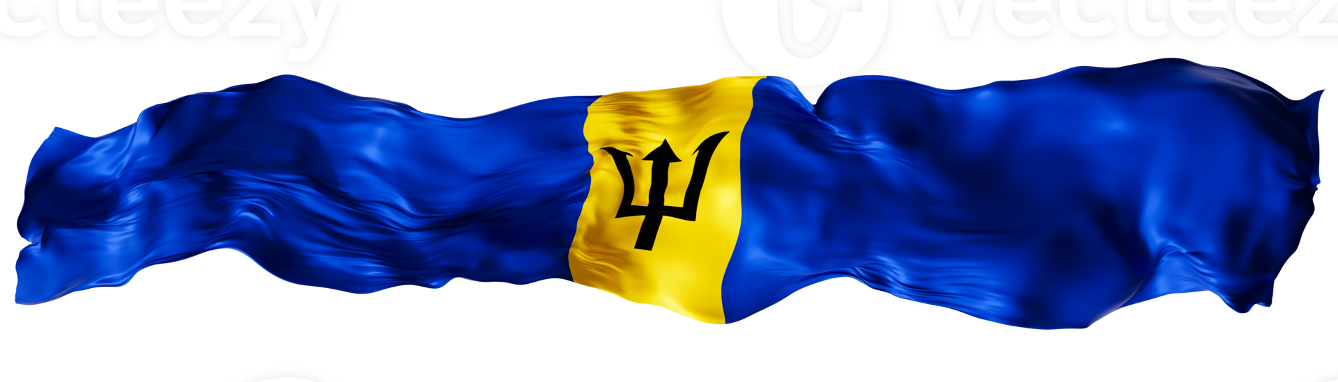 Stylized flag of Barbados, waving in the wind, on transparent background. Footer, header or divider. Cut out wide, panoramic element. Banner for patriotic themes or national event promotions. 3D. png