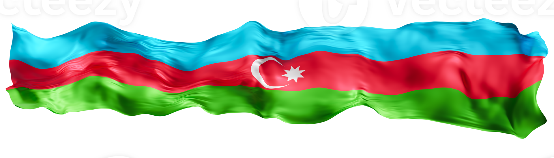 Stylized flag of Azerbaijan, waving in the wind, on transparent background. Footer, header or divider. Cut out wide, panoramic element. Banner for patriotic themes or national event promotions. 3D. png