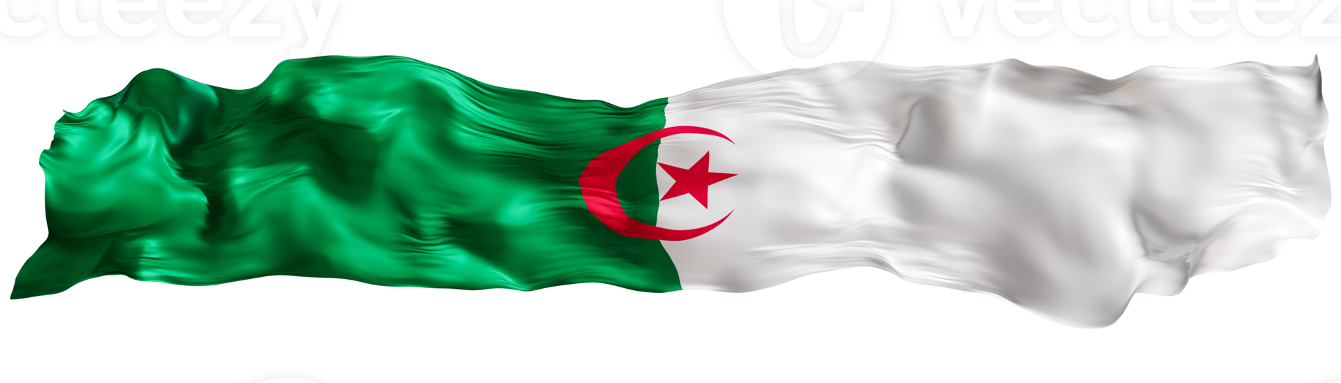 Stylized flag of Algeria, waving in the wind, on transparent background. Footer, header or divider. Cut out wide, panoramic element. Banner for patriotic themes or national event promotions. 3D. png