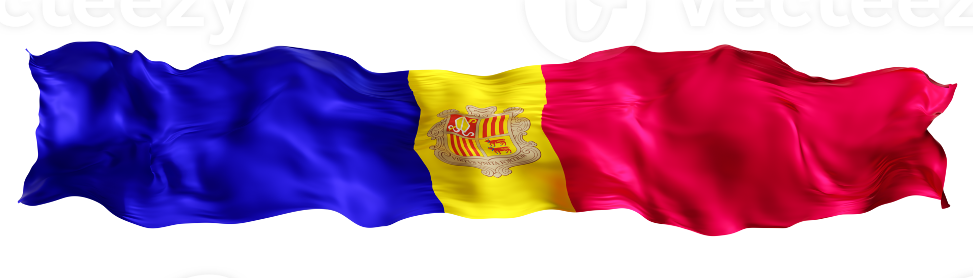 Stylized flag of Andorra, waving in the wind, on transparent background. Footer, header or divider. Cut out wide, panoramic element. Banner for patriotic themes or national event promotions. 3D. png