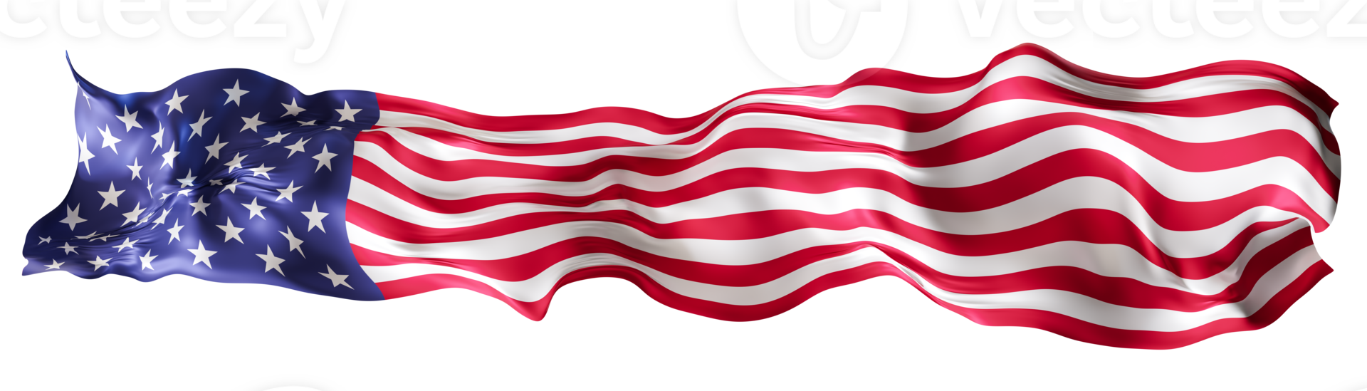 Stylized American, USA flag, waving in the wind, on transparent background. Footer, header or divider. Perfect for patriotic themes, Independence Day designs, or national event promotions. 3D. png