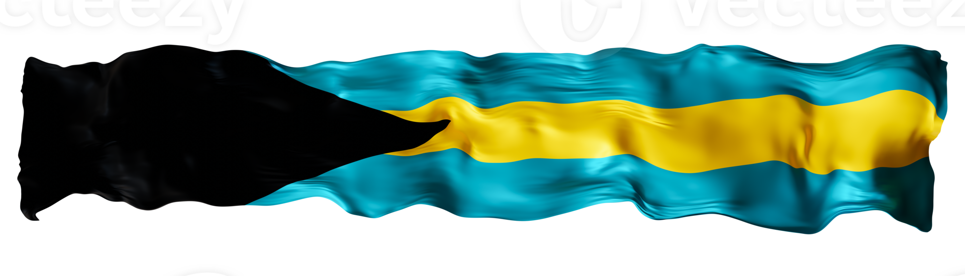 Stylized flag of Bahamas, waving in the wind, on transparent background. Footer, header or divider. Cut out wide, panoramic element. Banner for patriotic themes or national event promotions. 3D. png