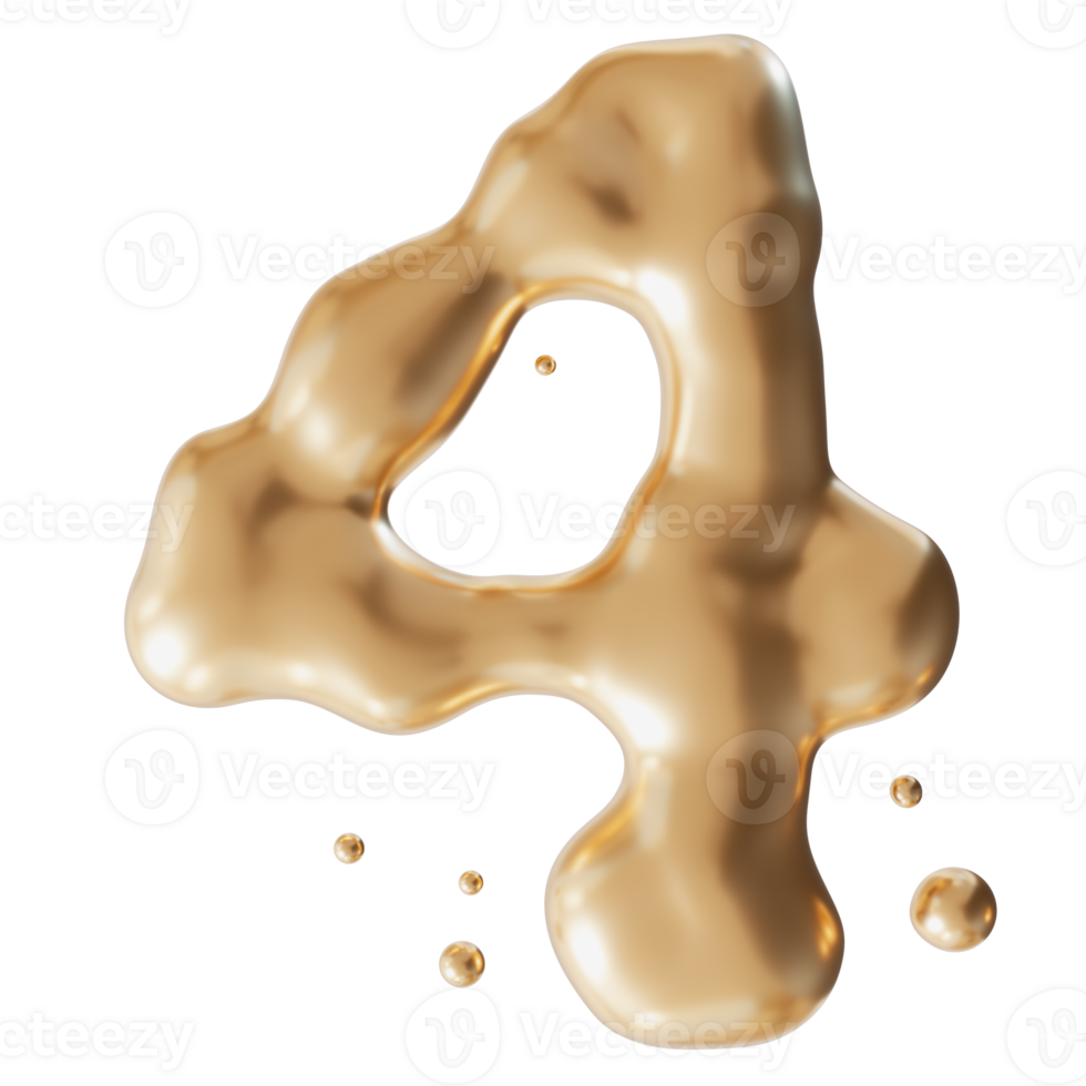 Dynamic golden liquid number 4, on transparent background. Elegant fluid, luxurious metallic surface. Numeral four. Flowing molten gold. Cut out design element. Fourth birthday, anniversary. 3D. png