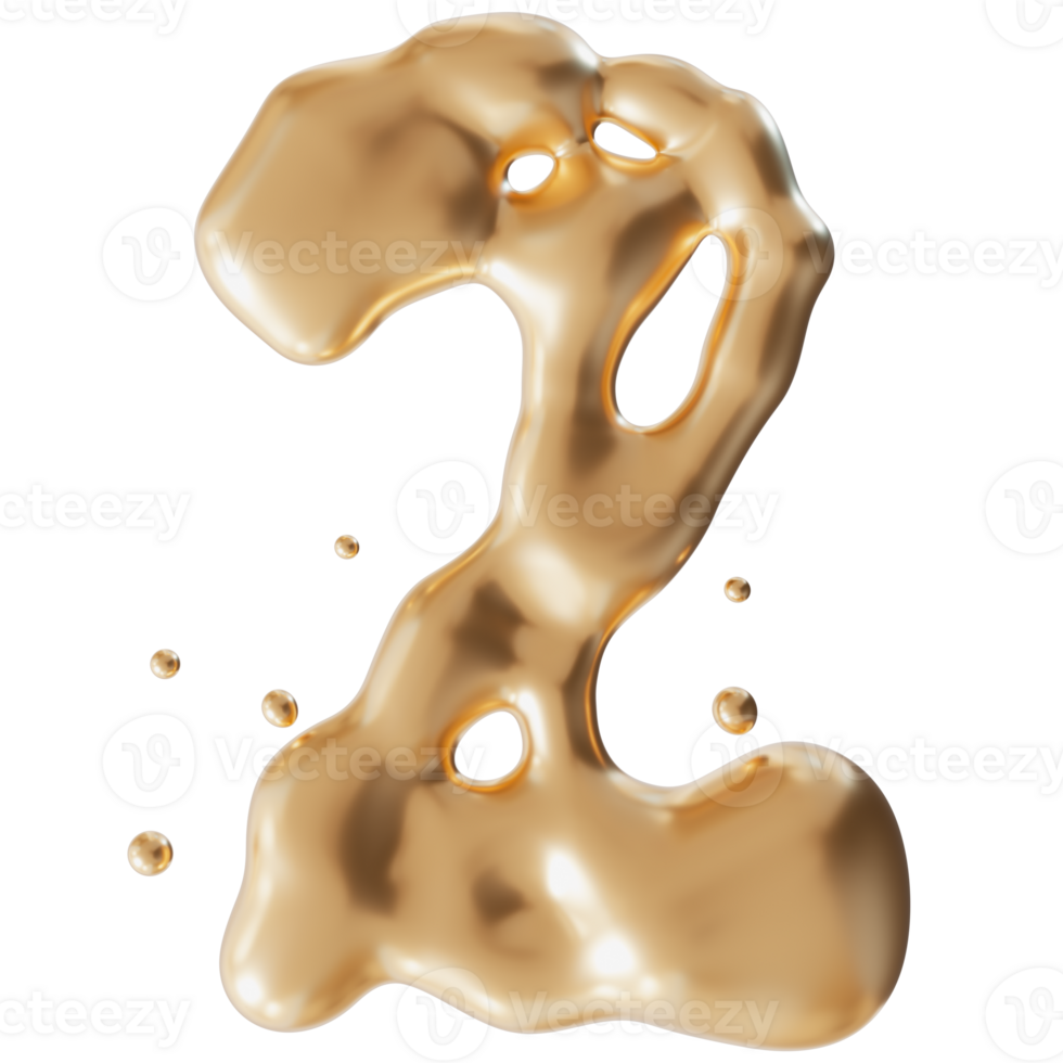 Dynamic golden liquid number 2, on transparent background. Elegant fluid, luxurious metallic surface. Numeral two. Flowing molten gold. Cut out design element. Second birthday, anniversary. 3D. png