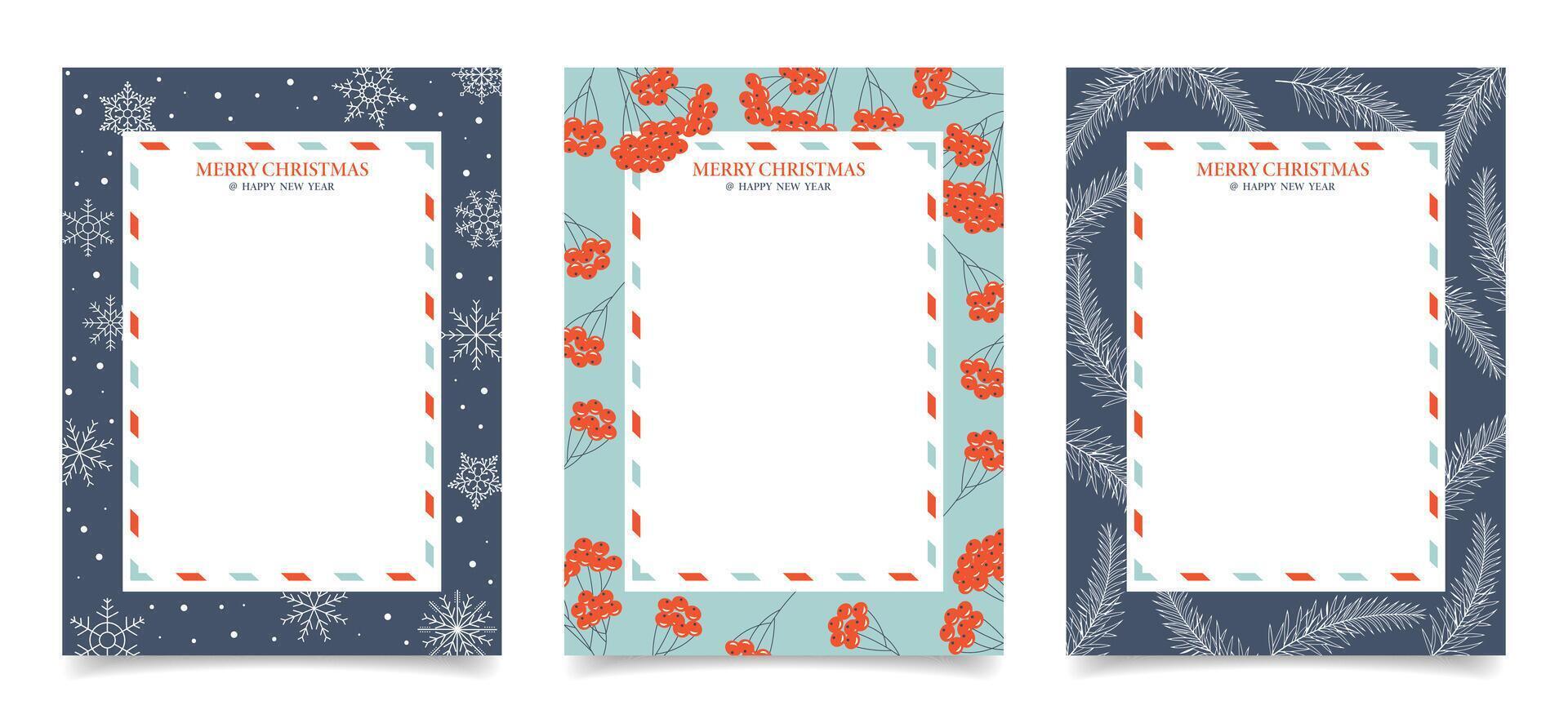 Set of blank greeting cards with Christmas and New Year, decorated with rowan branches, spruce and snowflakes. Illustration vector