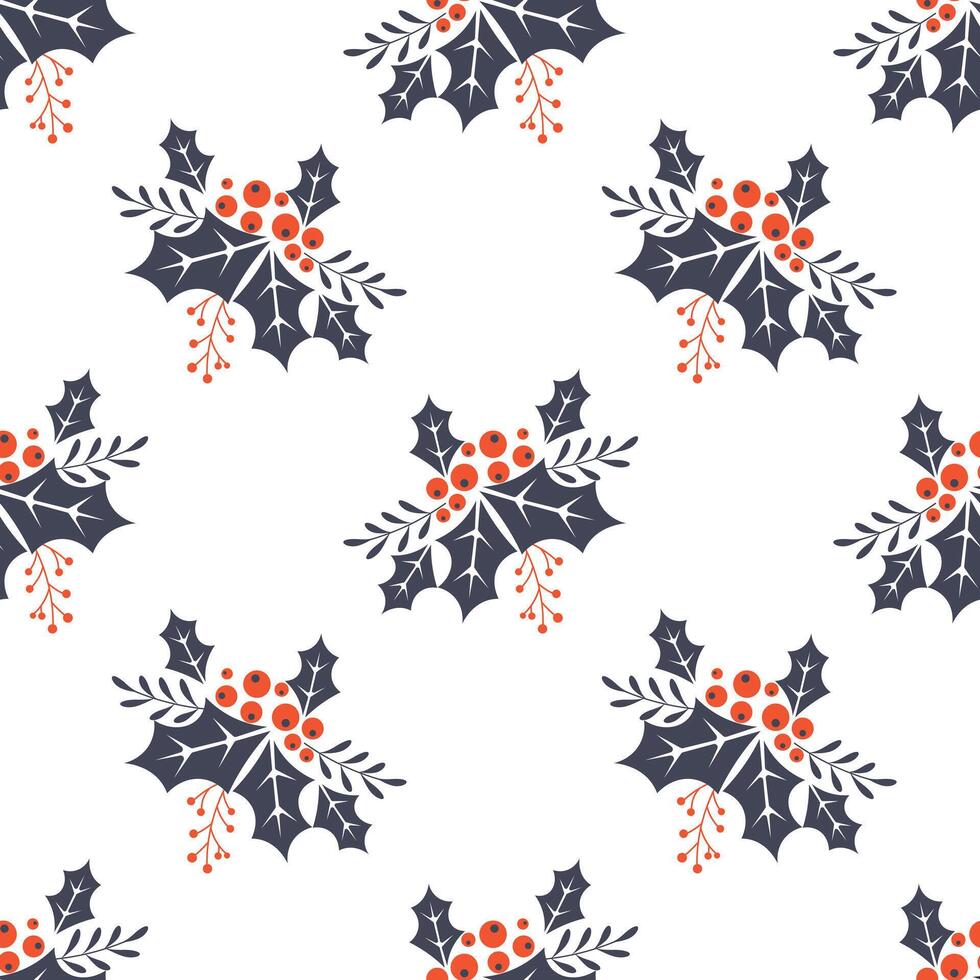 Seamless pattern with holly berries and leaves. Christmas holiday background template. Illustration vector