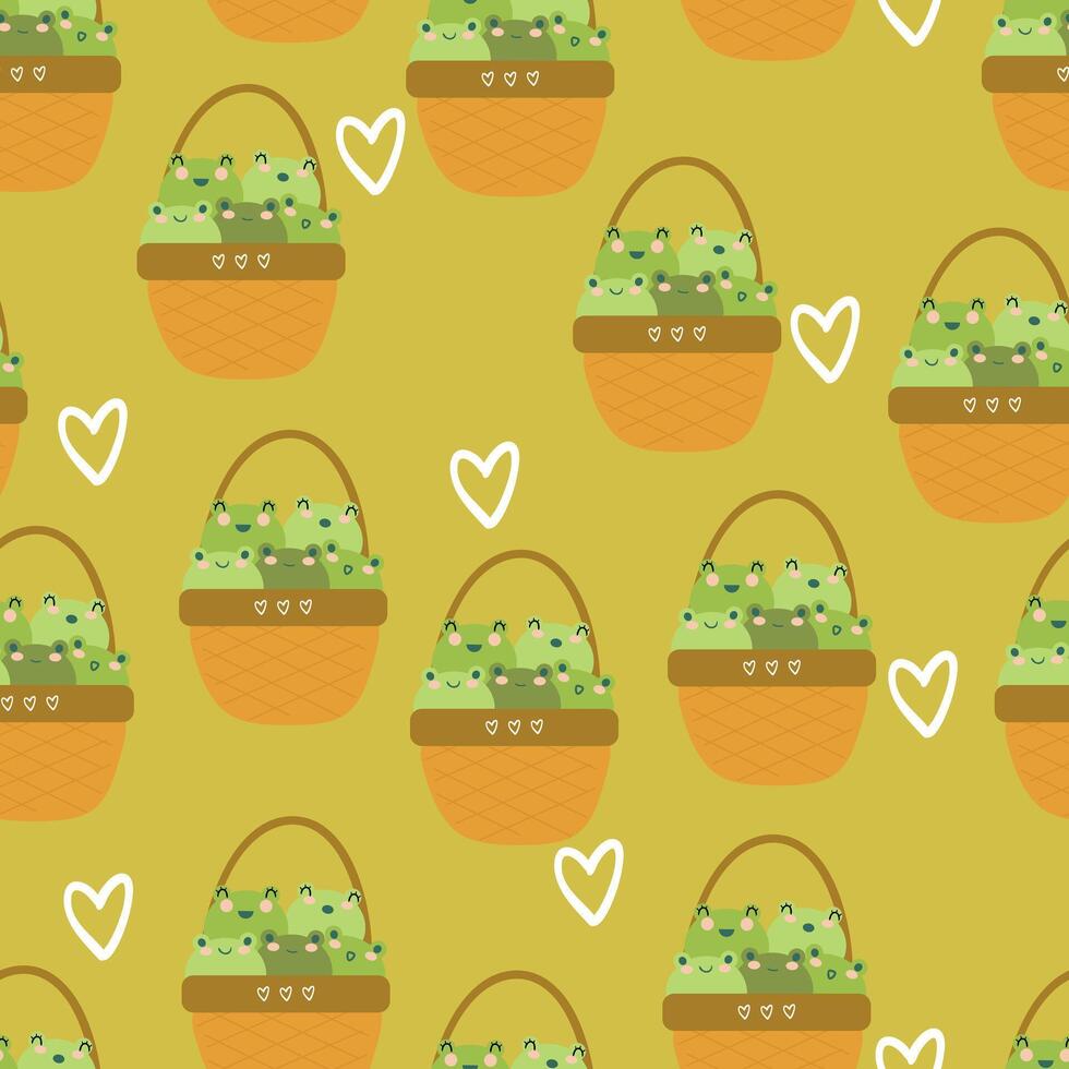 Seamless pattern with cute cartoon frogs in a basket, for fabric prints, textiles, gift wrapping paper. children's flat and colorful style vector