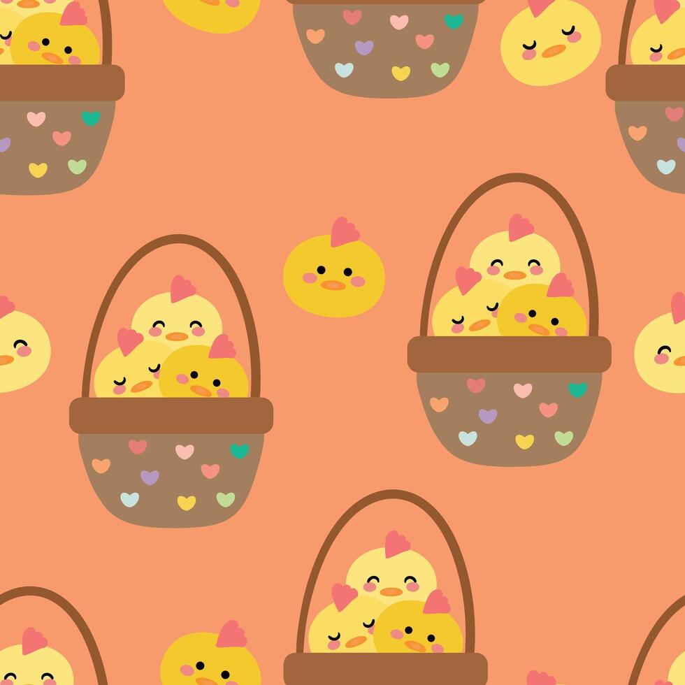 Seamless pattern with cute cartoon chicks in a basket, for fabric prints, textiles, gift wrapping paper. children's flat and colorful style vector