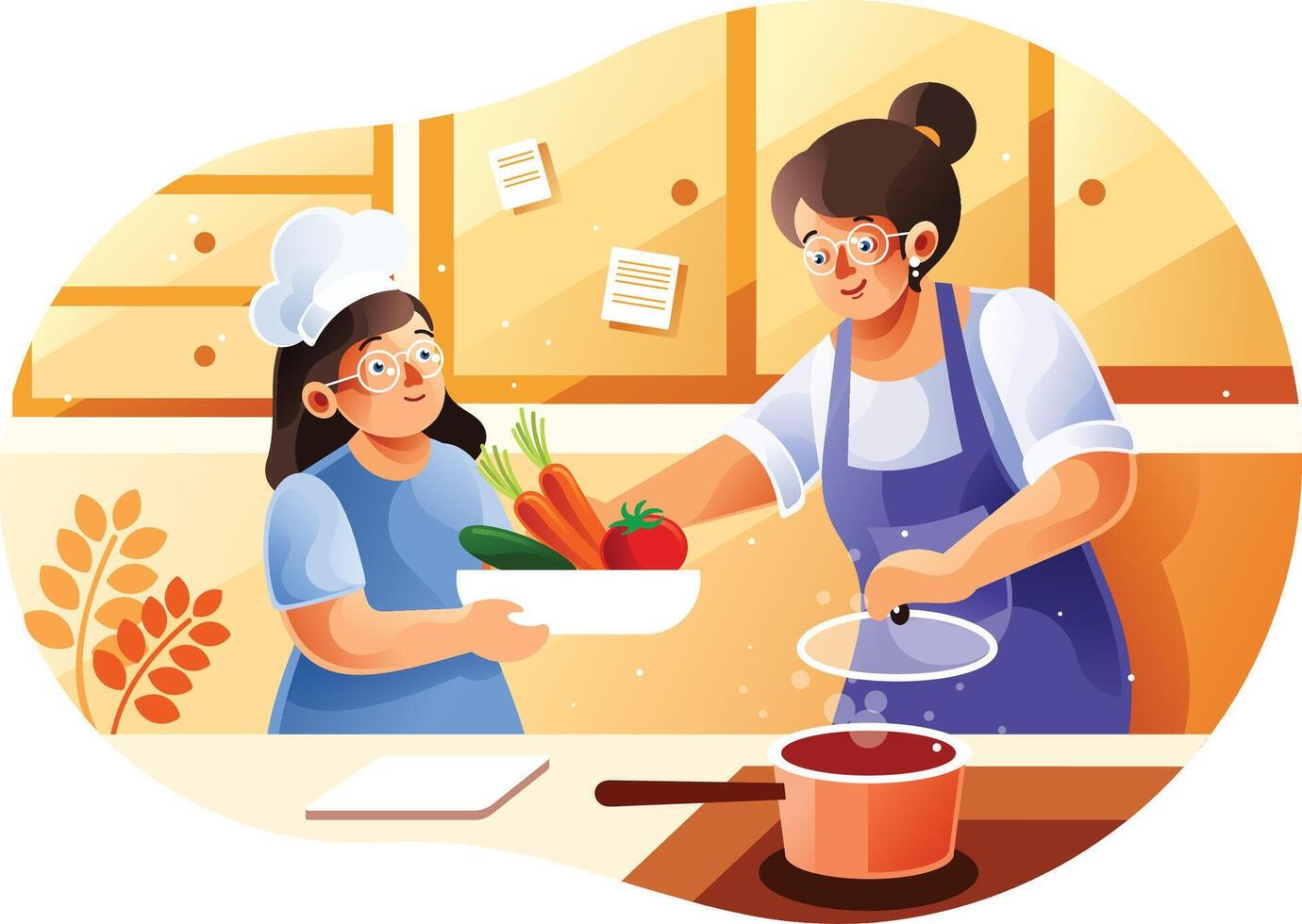 Mom and children cooking in the kitchen vector