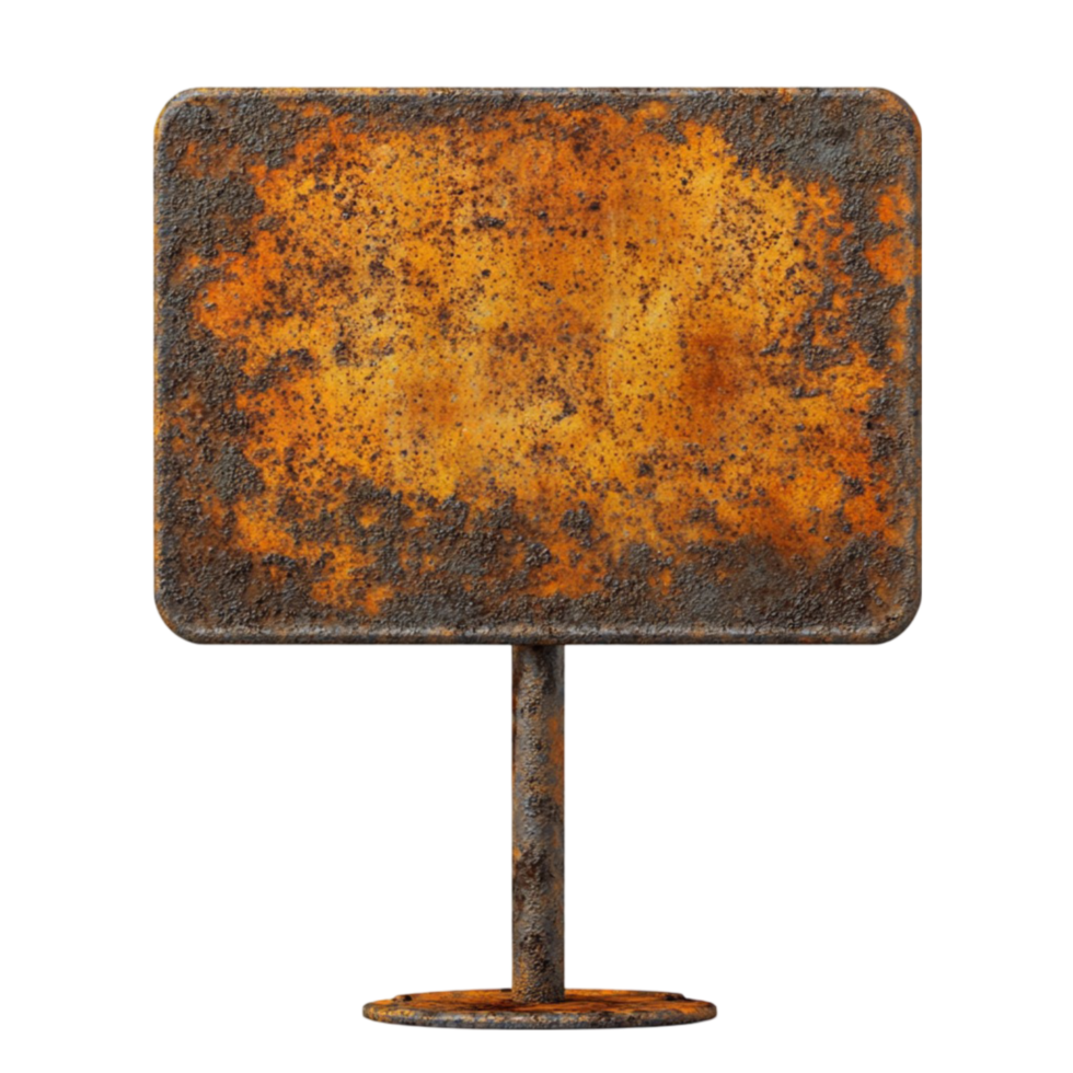Rusty Metal Sign on Pedestal with Transparent Background. png