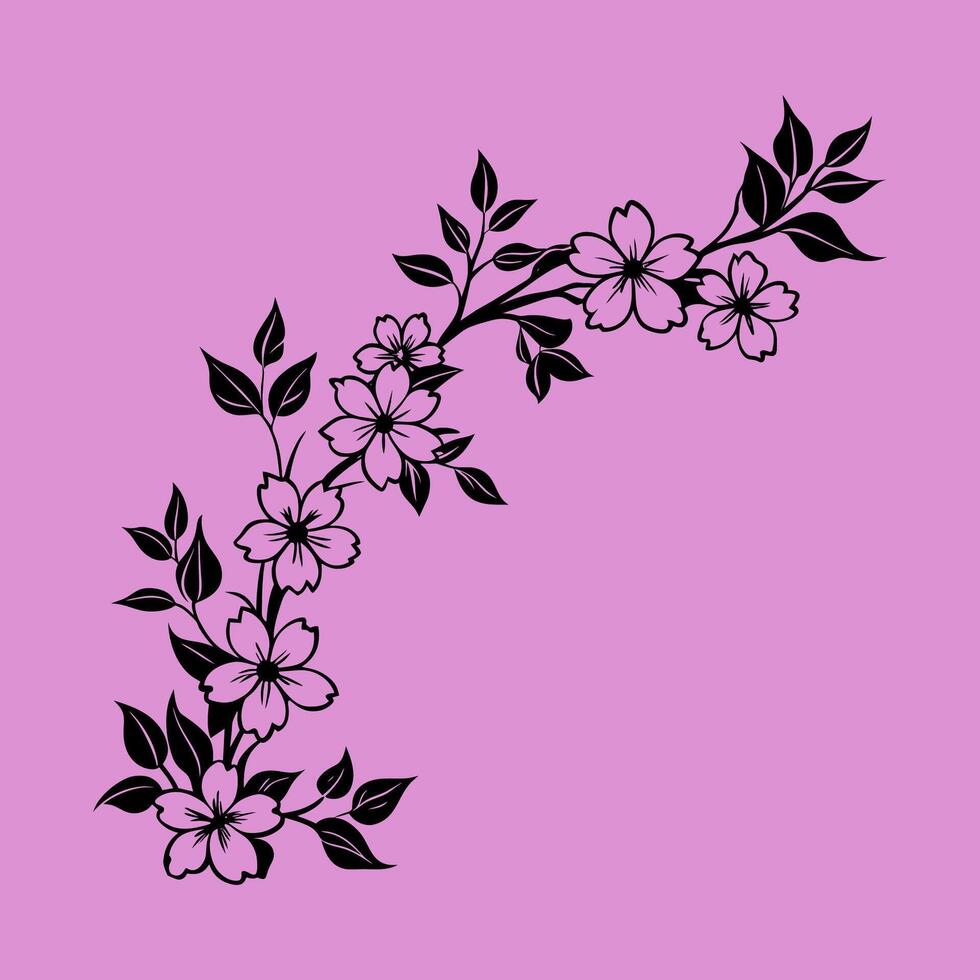 A black and white illustration of a branch with flowers vector