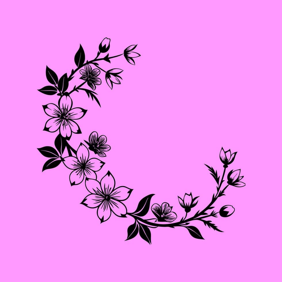 A black and white floral wreath on a pink background vector