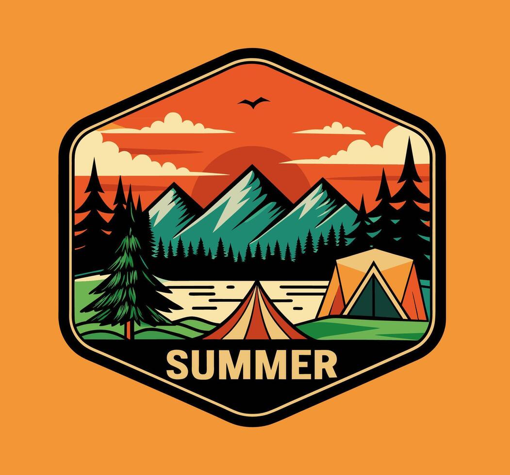 Summer camp logo with mountains and trees vector