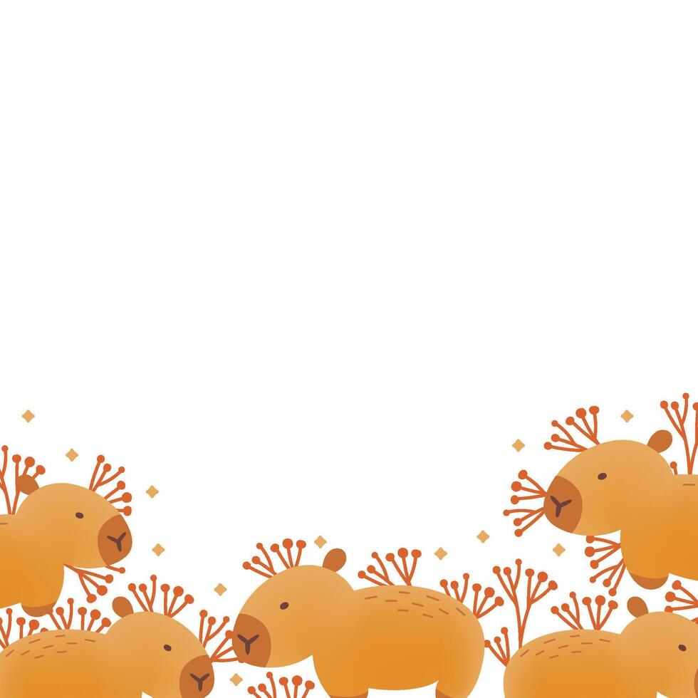 Frame, border, card with hand draw capybara. illustration in flat style. Cartoon cute animal for print. Kids illustration on white background.For print, social media,banners. vector