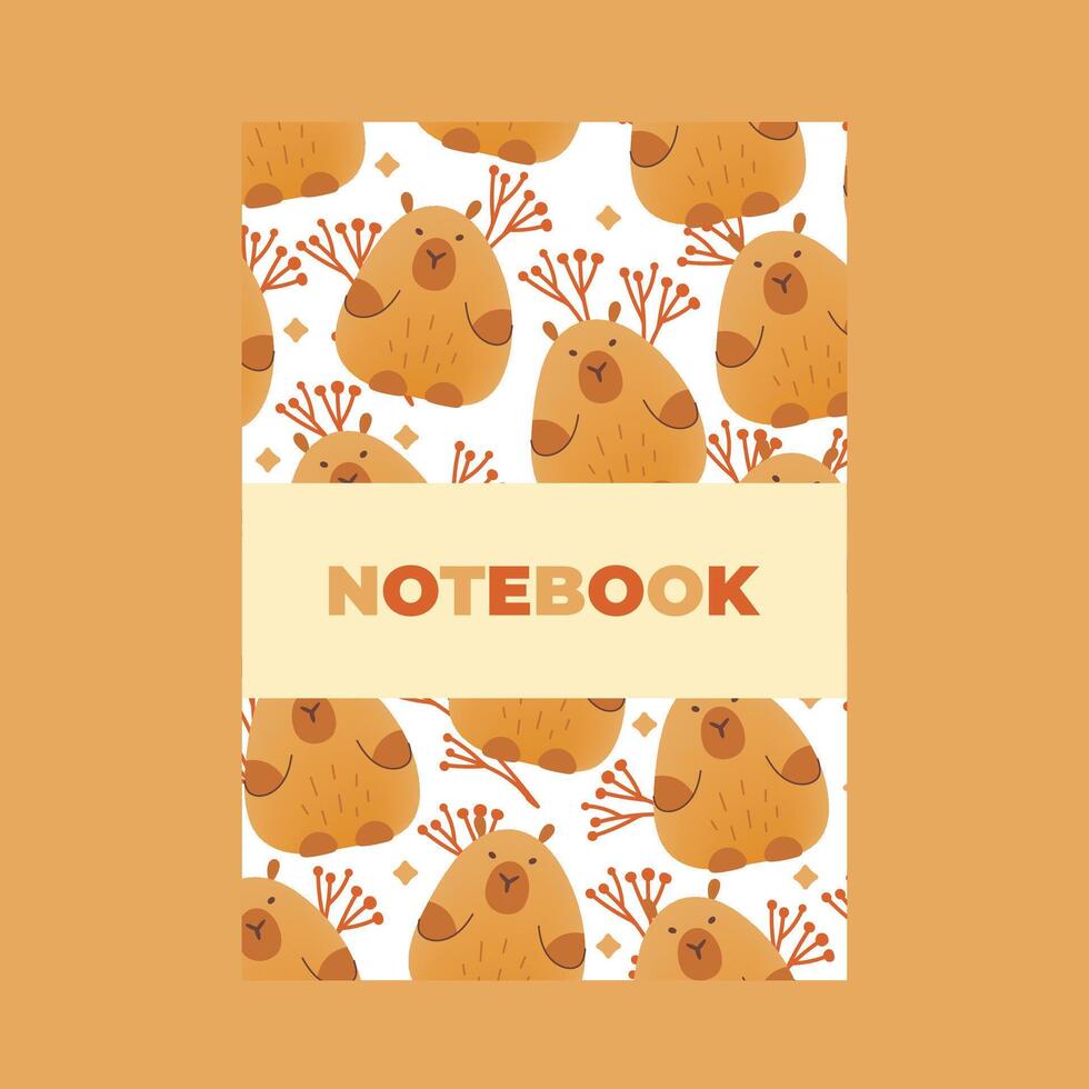 Cover of notebook with hand draw seamless pattern of capybaras with leaves. illustration in flat style. Cartoon cute animal for print.Kids illustration.Page template,planners. vector