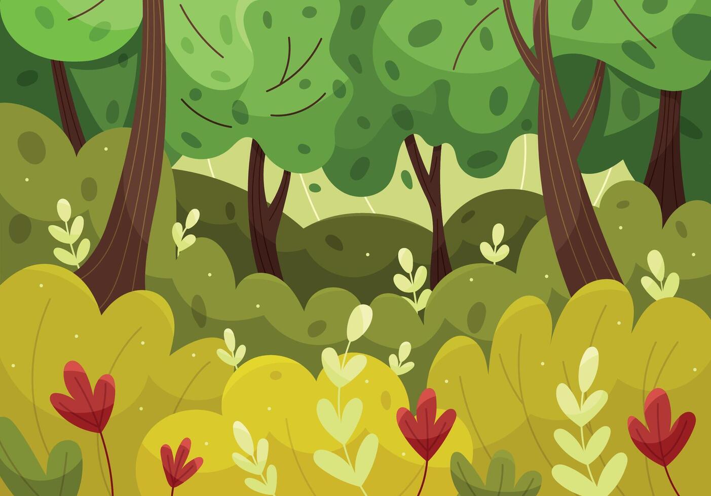 Forest illustration with trees, leaves and flowers in cartoon cute style. illustration for kids, children, nursery, wallpaper, packing and wrapping. Horizontal, landscape background. vector