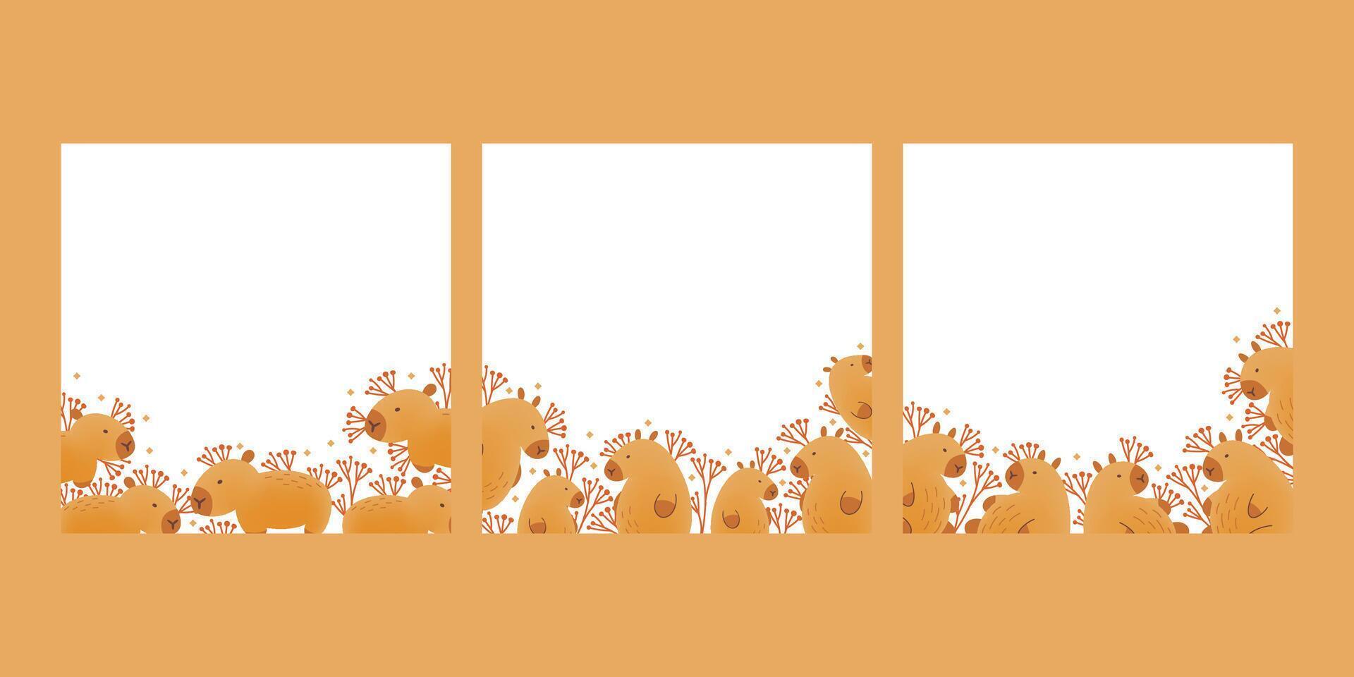 Set of frames, borders, cards with hand draw capybara with flowers and copy space. illustration in flat style. Cartoon cute animal for print. Kids, children illustration on white background. vector
