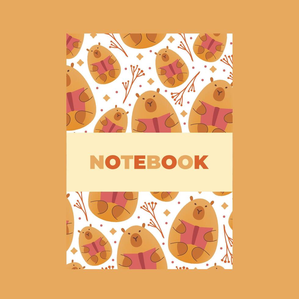 Cover of notebook with hand draw seamless pattern of capybaras with leaves and book. illustration in flat style. Cartoon cute animal for print.Kids illustration.Page template,planners. vector
