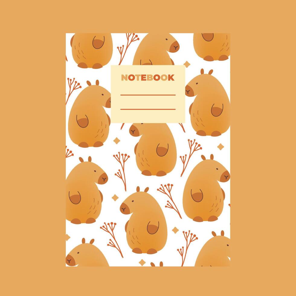 Cover of notebook with hand draw seamless pattern of capybaras with leaves. illustration in flat style. Cartoon cute animal for print.Kids children illustration.Page template,planners. vector