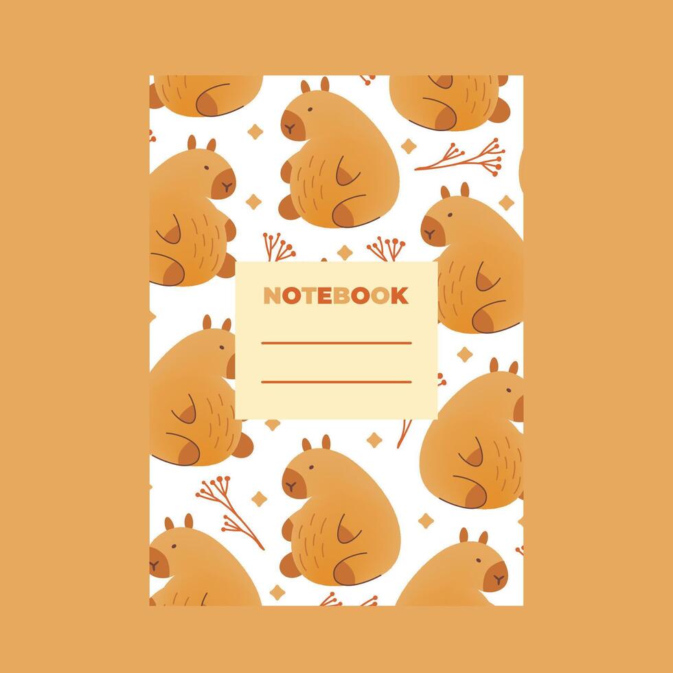Cover of notebook with hand draw seamless pattern of sitting capybaras with leaves. illustration in flat style. Cartoon cute animal for print.Kids illustration.Page template,planners. vector