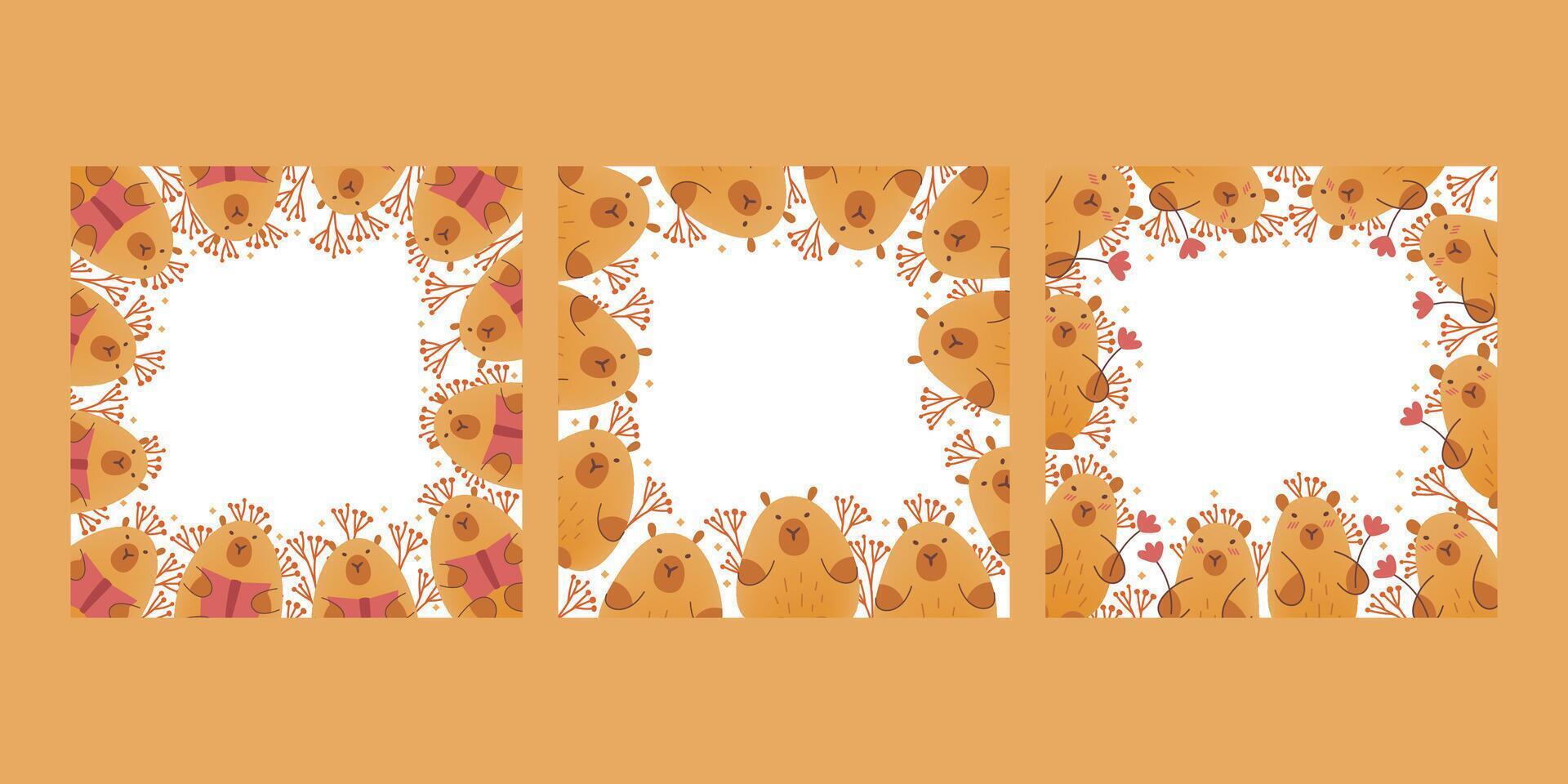 Set of frames, borders, cards with hand draw capybara with flowers and copy space. illustration in flat style. Cartoon cute animal for print. Kids illustration on white background.For print. vector