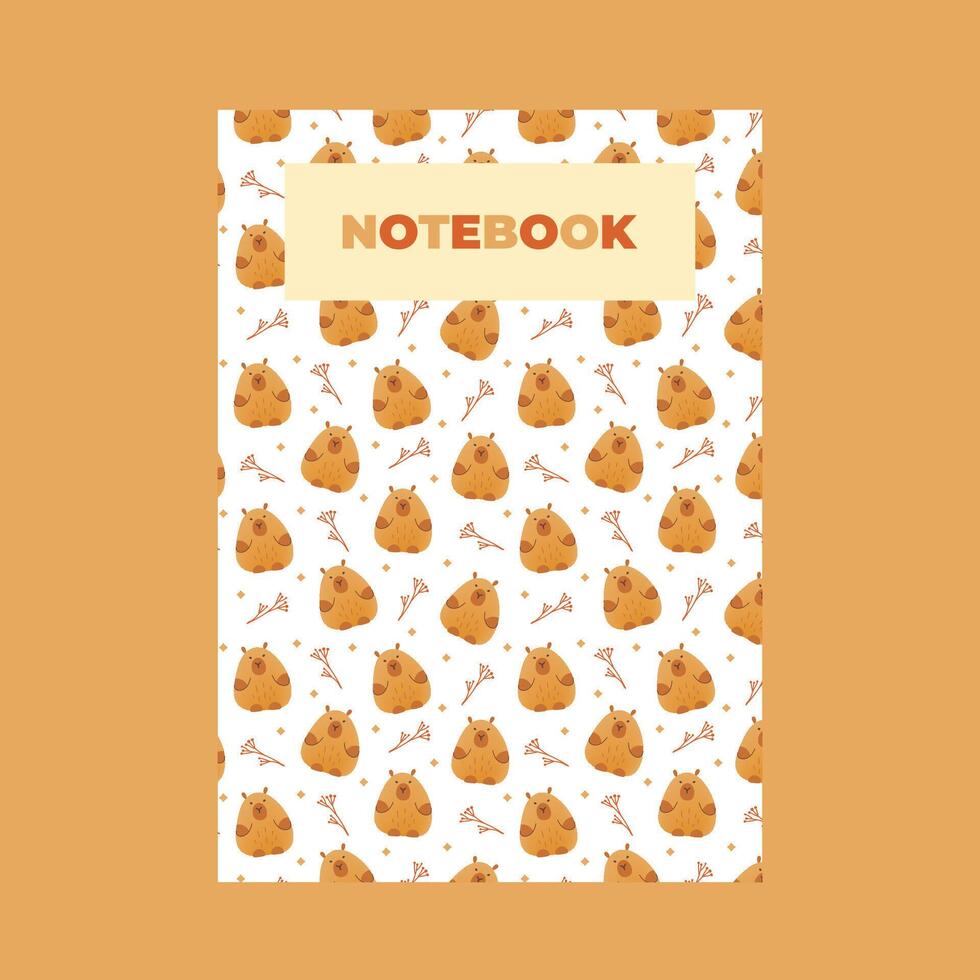 Cover of notebook with hand draw seamless pattern of capybaras with leaves. illustration in flat style. Cartoon cute kawaii animal for print.Kids illustration.Page template,planners. vector