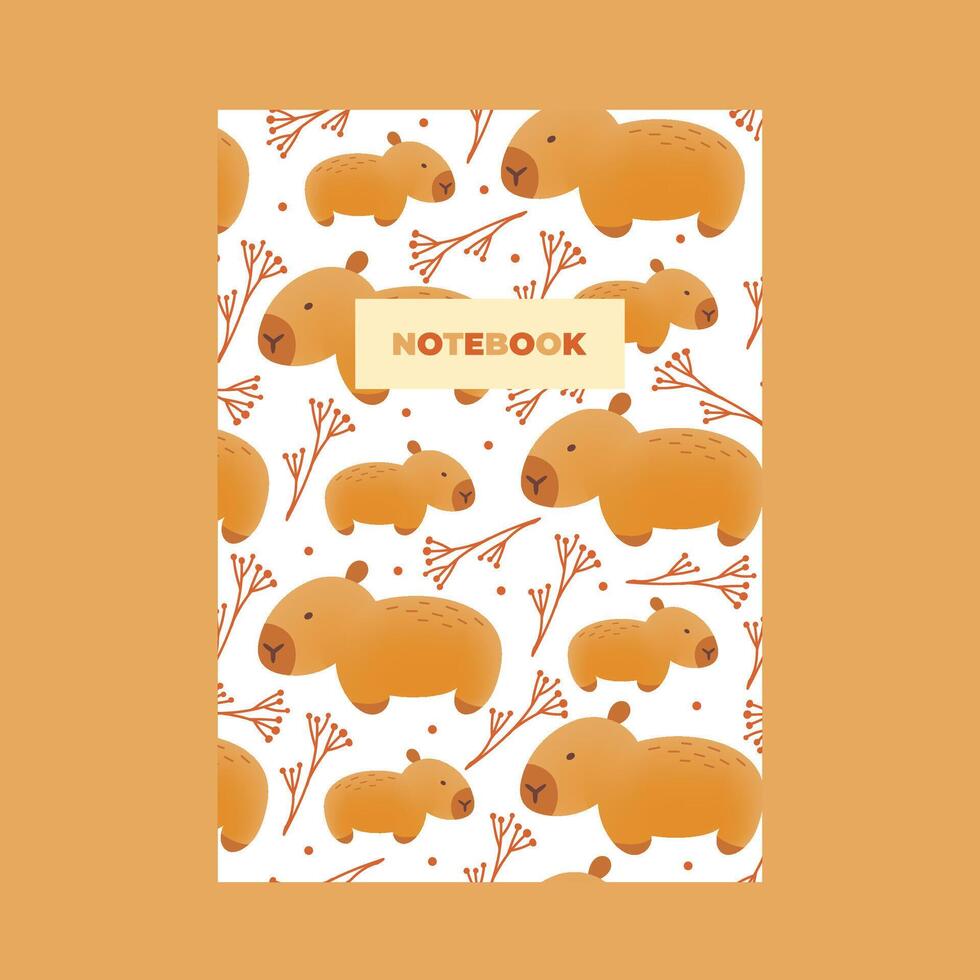 Cover of notebook with hand draw seamless pattern of capybaras with leaves. illustration in flat doodle style. Cartoon cute animal for print.Kids illustration.Page template,planners. vector