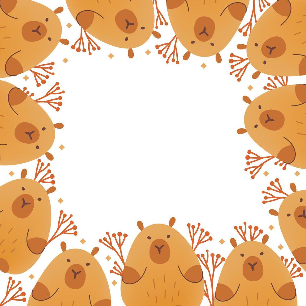 Frame, border, card with hand draw capybara with flowers and copy space. illustration in flat style. Cartoon cute animal for print. Kids illustration on white background.For print and banners. vector