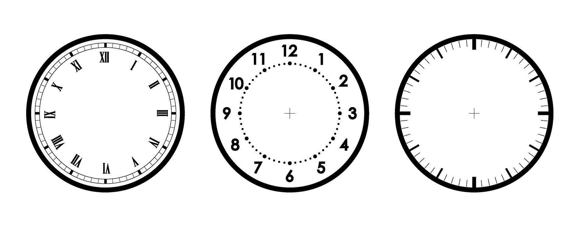 Clocks face with black frame and hands. Simple classic wall clock with Arabic numbers, with Roman numeral and without numbers isolated vector