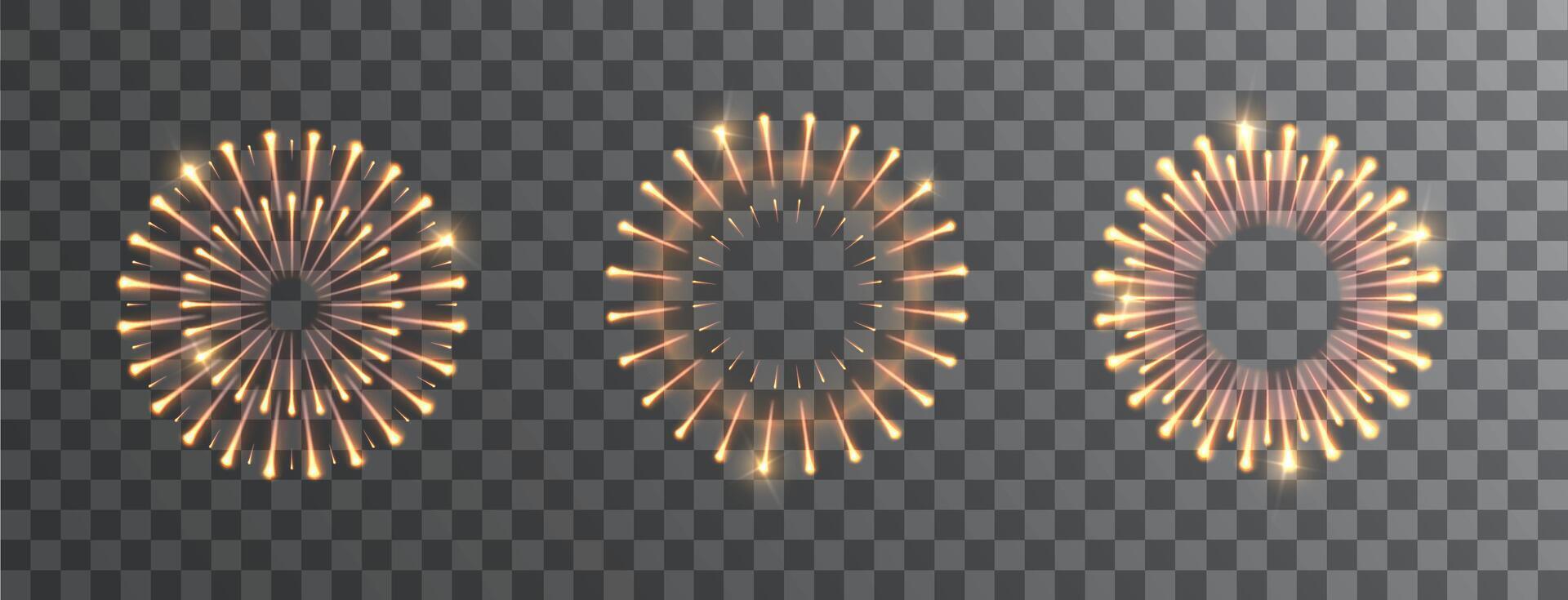 Brightly Fireworks on night sky background isolated set. Light particle firecracker explosion effect. Christmas holiday design elements. vector