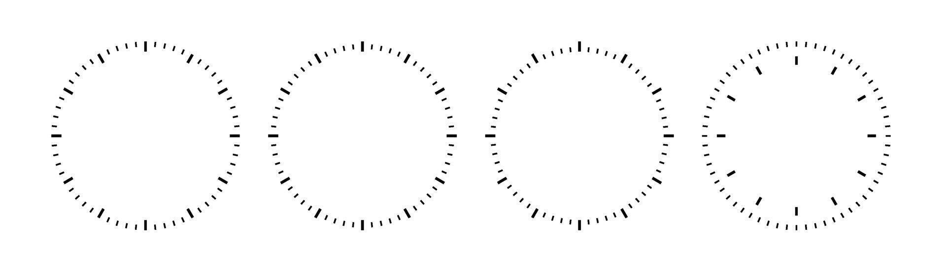 Clock face circle. Speedometer or chrono meter dot marked time scale vector